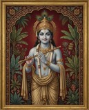 Lord Krishna Playing Flute, Hindu Deity, Divine Portrait with Peacock Feathers and Ornate Arch