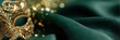 © Ingvar Shelly - masquerade party, a pan of vibrant emerald silk, with a prominent gold masquerade mask and confetti to the left, set against a background of blurred emerald and gold bokeh