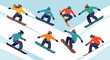 © Mehnaz - Collection of colorful characters snowboarding down a mountain slope performing various tricks and jumps in winter.