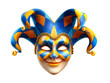 © Simone Matos - A colorful jester mask with blue and yellow design on transparent background