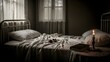 © SyedaMahfuja - An intimate and atmospheric scene captured in a dimly lit bedroom, evoking a sense of longing and quiet contemplation. A classic white metal-frame bed is adorned with rumpled white linens and two plum