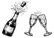 © cac_tus - Hand drawn line art celebration set featuring a champagne bottle popping its cork and two clinking glasses for parties and events