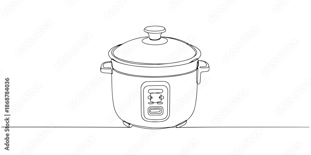 Continuous one line drawing of a rice cooker with a round lid, depicting cooking and everyday convenience, line art style vector illustration.