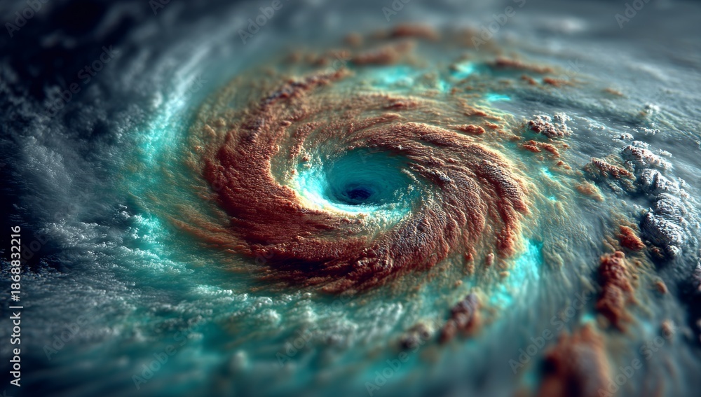 Storm Route A spiral weather map with vivid colors visualizes the hurricane's route ...