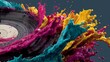 © MKS - The black vinyl record sits in the middle, surrounded by abstract paint splashes in bright yellow, pink, and blue hues, with a dynamic, colorful background that conveys energetic motion and texture,