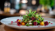 © Kateryna - Premium gourmet fresh salad with mixed berries and microgreens fine dining healthy appetizer course artistic culinary plating white porcelain dish restaurant presentation