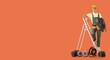 © Pixel-Shot - Young male electrician with stepladder and equipment on orange background with space for text