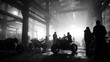 © sumi - Motorbikes and blurred figures in a large, industrial building, bathed in fog and light