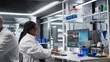 © DC Studio - Black woman working in biotechnology lab surrounded by modern equipment. Research study for genetics, nanotechnology and healthcare data, supporting pharmaceutical science.