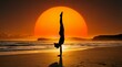 © Saqib GFX - Yoga handstand silhouette at golden sunset beach. Wellness fitness exercise balance meditation mindfulness concept. Ocean waves peaceful seascape. Healthy lifestyle active workout training.