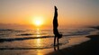 © Saqib GFX - Silhouette handstand yoga pose on beach at golden sunset. Fitness wellness lifestyle. Ocean waves meditation. Balance strength flexibility. Mindfulness practice. Healthy living concept