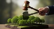 © abu - Hand holding wooden gavel over miniature forest landscape. Concept of environmental law or conservation.