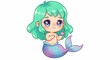 © Tanaka - きらめく大きな瞳とミントグリーンの髪が愛らしいデフォルメ人魚イラスト青紫のグラデーションの尾ひれを輝かせ小さな貝殻を優しく手に持つポップで明るい雰囲気. AI Generated