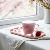 strawberry rose latte in a clear mug on a pink tray, sitting on a white linen tablecloth near a bright window. Blurred cherry blossoms background visible through the glass.