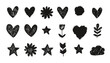 © ADwi - Set von handgezeichneten, transparenten Grunge-Doodle-Formen in Schwarz-Weiß, darunter Herzen, Sterne, Blumen und Blätter, ideal für kreative Designprojekte.