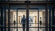 © Agus Through Lens - View through a rain-covered glass entrance showing a person walking inside a brightly lit modern building