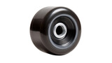 Black polyurethane skateboard wheel with metal bearing, providing grip and speed for street and park skating, transparent background
