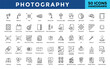 © Gravisio - Photography icons set with beauty dish, continuous light, modeling light, location scout, image sensor  icon. Simple hand drawn vector