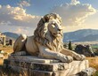 © Nur - Majestic marble lion sculpture rests on ancient ruins under sunny sky