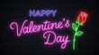 © Sid - Happy valentines day neon sign with pink and green lights on black background with Valentine s Day and rose and love and romance and celebration