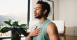 © peopleimages.com - Meditation, calm man or home for breathing routine, relaxation or body awareness practice for wellness. Mindfulness, inner peace or person with holistic breathwork exercise, yoga or mental health zen