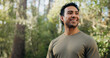 © BuyOutFelix06/peopleimages.com - Thinking, happy or man in nature with hiking, fresh air or inspiration on trekking journey. Reflection, space or person in forest with satisfaction, mindfulness or daydreaming in outdoor adventure.