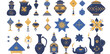 © Sintya - Zestaw wektorowych, przezroczystych elementów dekoracyjnych w stylu arabskim, z granatowymi i złotymi ornamentami, idealny do projektów kulturowych.