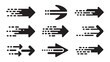 © NaeemurRahman - Dynamic collection of black speed arrows with motion trails indicating fast forward movement, rapid delivery service, and futuristic progress direction.