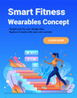 © mast3r - Smart fitness wearables concept woman running stairs health data smartwatch colorful background website banner