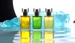 © Rocky - Three colored perfumes on a reflective surface with textured blue block