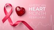 © HASSAN - American Heart Month A red ribbon and heart symbolize American Heart Month in February for cardiovascular health awareness