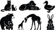 © Royal Ability - Black silhouette vector art showing mother animals with babies including cat kitten dog puppy bear cub giraffe baby and rabbit bunny all in charming protective poses