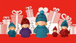 © dingin - Five stylized figures with angel wings, wearing knitted hats and sweaters, stand before a pile of wrapped gifts