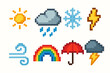© 4zevar - Colorful pixel art weather icons: sun, cloud, snowflake, lightning, wind, rainbow, umbrella