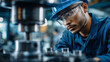 © Laura - Faceless focused worker inspecting mechanical parts in workshop, wearing safety glasses and blue uniform, dedication and precision in manufacturing, with copy space