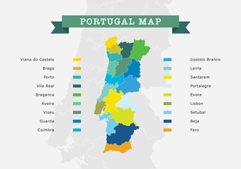  Portugal map with regions and districts colored, vector illustration