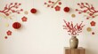 © SUPERARTMAN - Traditional chinese new year decor with red lanterns and flowers indoor setting home decoration minimalist design elegant perspective celebratory concept