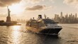 © Ahdan - Cruise Ship Sailing Past Statue of Liberty and New York City Skyline at Sunset.
