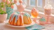 © Anastasiia - Pastel drip bundt cake with pink and blue icing and sprinkles, set among pastel desserts and decor. Concept Pastel dessert table styling, Bundt cake centerpiece, Pink and blue icing drizzle