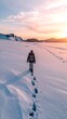 © MdEmran - Solo traveler hiking through serene snowy landscape at sunrise