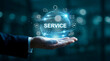 © StockSphere - Customer service and support solution, Businessman offering digital support with global communication icons. Contact us page, online helpdesk, 24/7 service, Ai chatbot, email, Ai assistance.