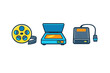 © Andrei - Vintage film reel, scanner, and external hard drive icons