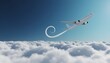 © Husen - Airplane soaring above clouds with a swirling trail in a clear blue sky