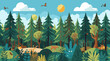 © Nurdaliah - Vector template featuring a forest scene on a sunny day with seamless pattern repeats, incorporating essential isolated characters with green screen