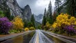 © Galih - Wet road leading towards mountains with colorful vegetation on sides under cloudy sky