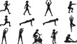 © murni - Dynamic collection of black silhouettes showcasing various fitness and exercise routines, perfect for illustrating health, wellness, and active lifestyle concepts