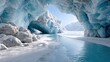 © MarinkaLev - photograph inside a deep glacial ice cave, translucent vibrant blue ice walls with unique textures, sunlight filtering through the ice ceiling creating