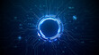 © AntonKhrupinArt - Glowing AI circuit portal with neon HUD elements and digital tech lines spreading across futuristic background. Sci-fi interface design with bright blue cyber patterns. Digital vector illustration.