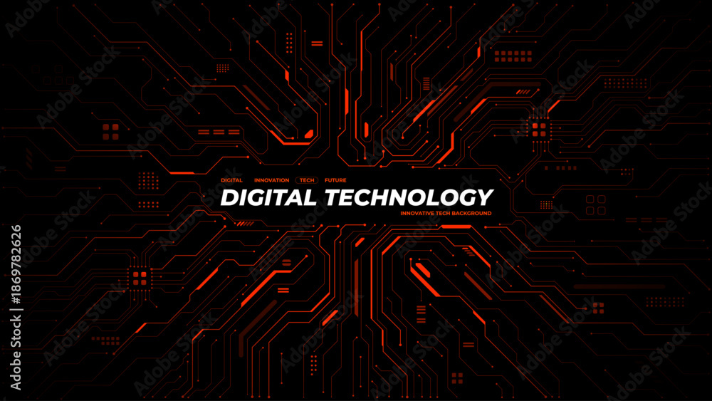 Red circuit board background with central text space. Digital tech ...