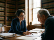 © Illustratorstock - Female attorney consulting with a senior male client over legal documents in a classic law library, explaining contract details with professional focus.
